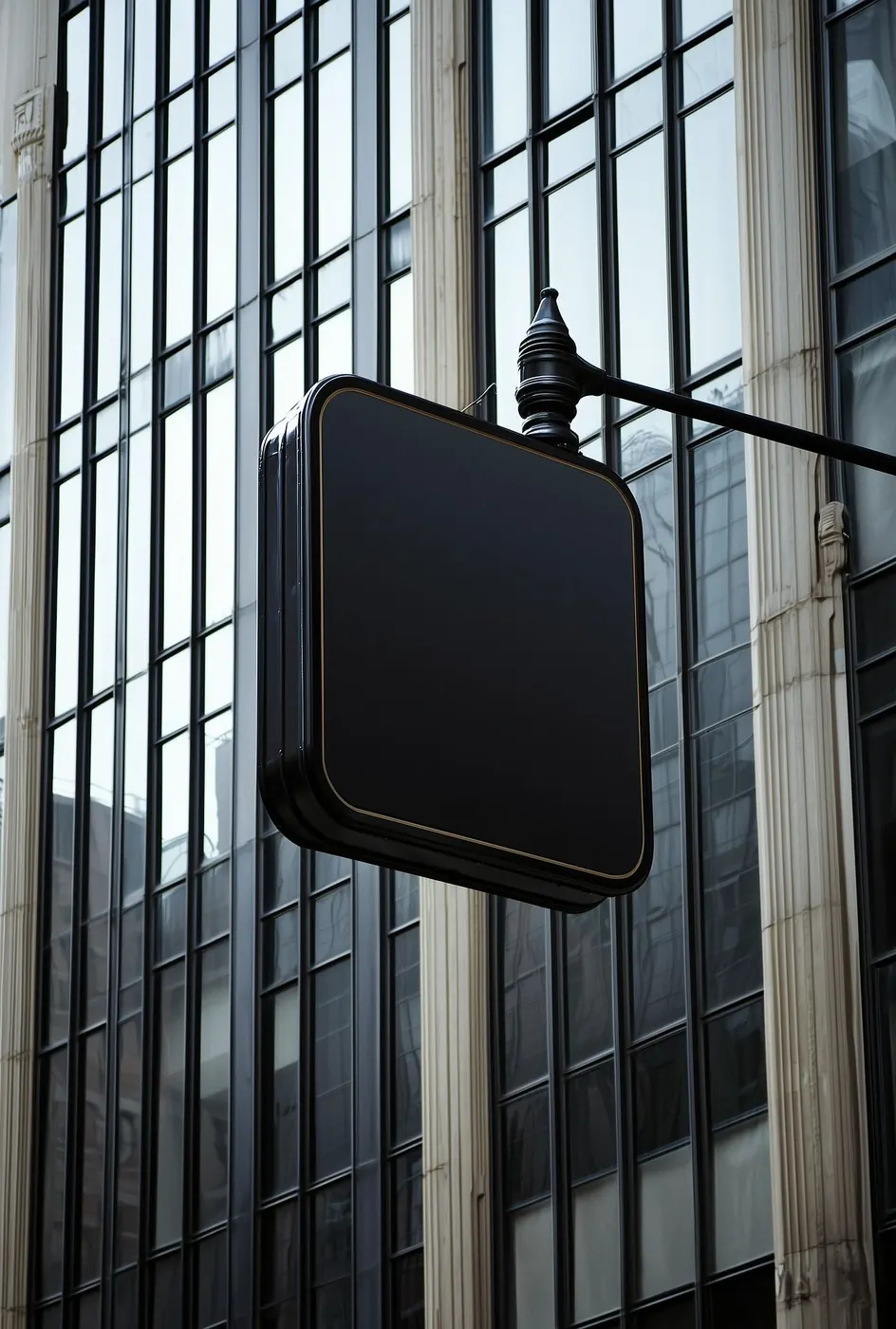 A blank black sign with a thin gold border against a grid facade