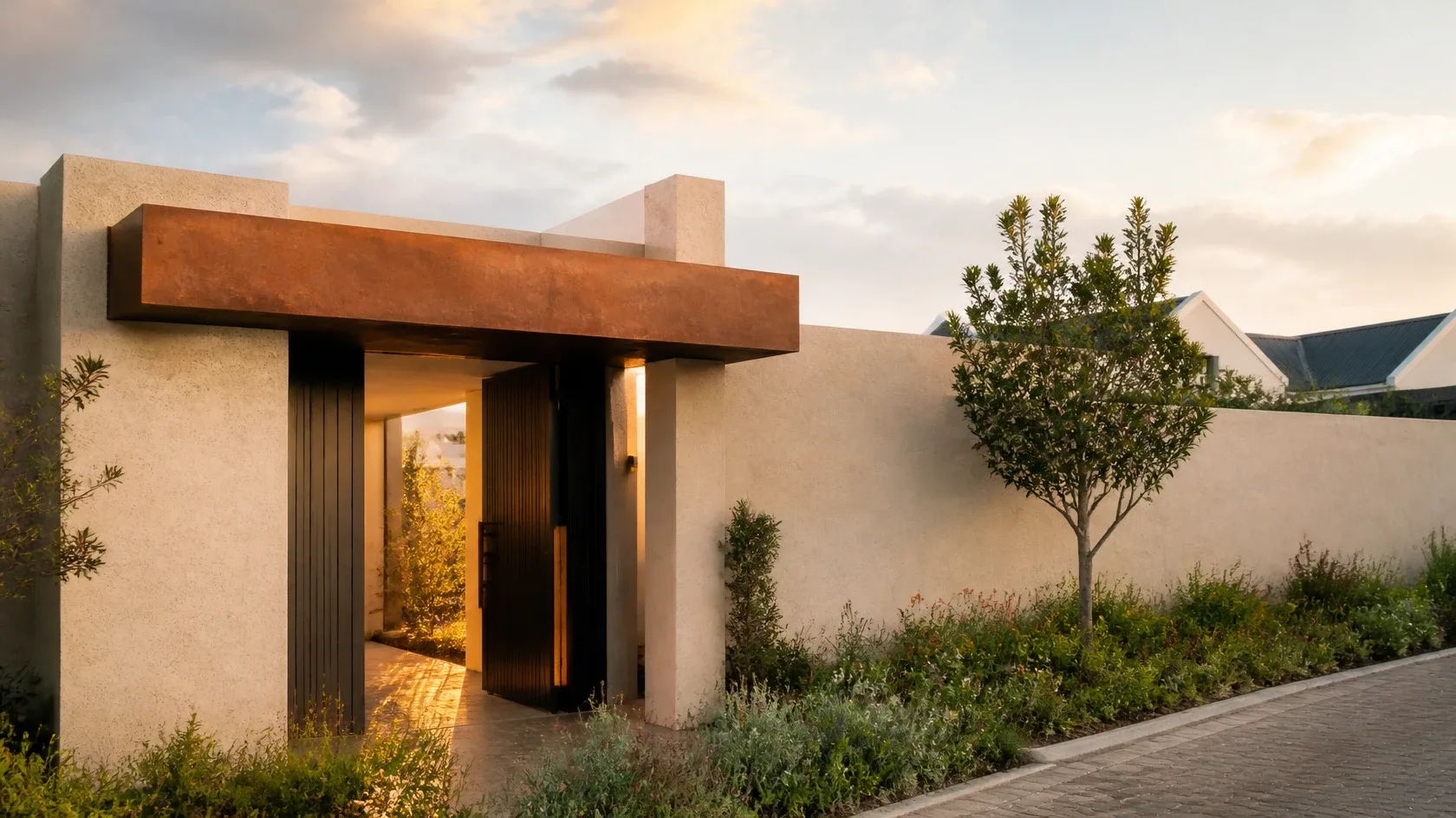 A calm apartment entrance with timber, stone and afternoon light