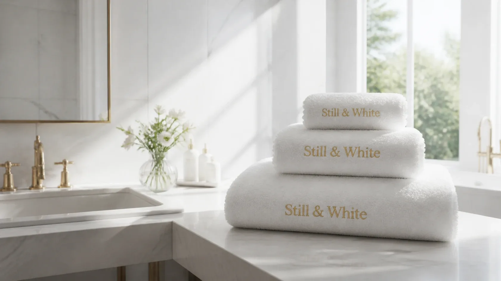 A white hotel suite with folded towels in soft morning light