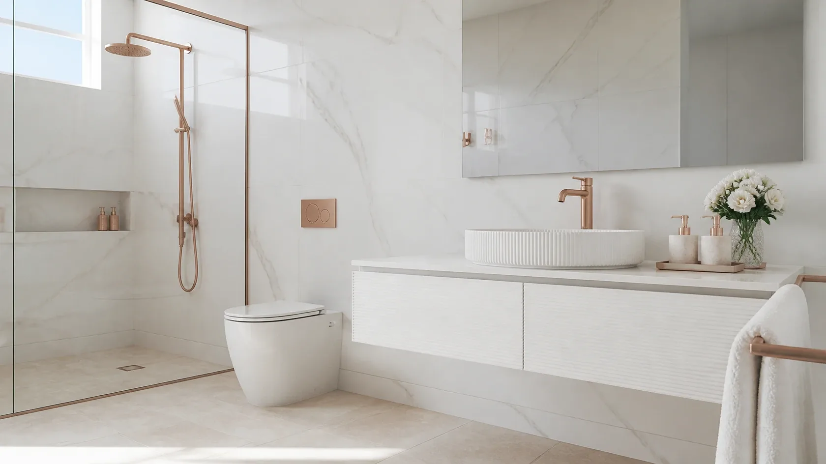 A white marble bathroom with a floating vanity and rose gold shower and mixer