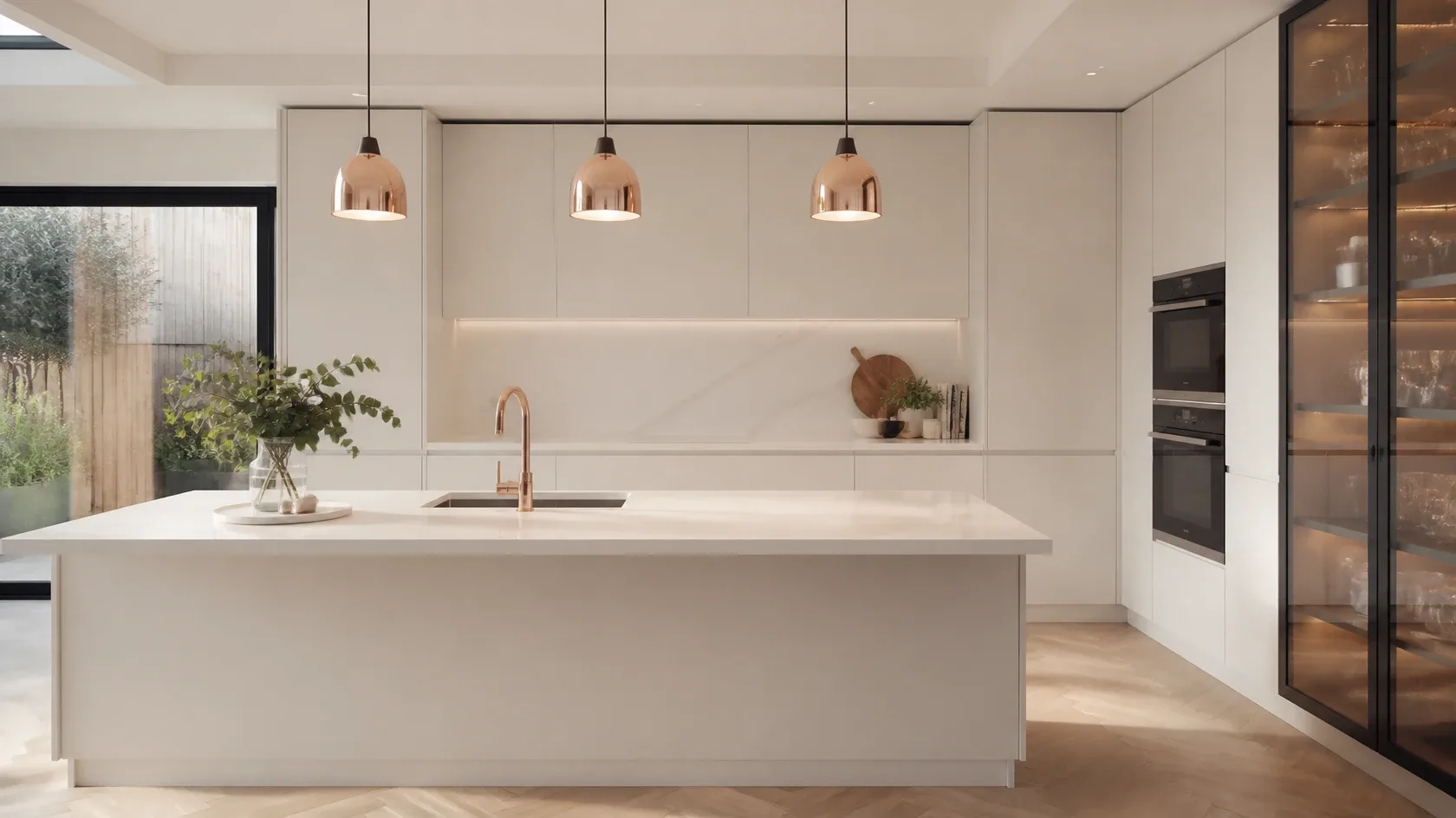 A white kitchen with a long stone island and three rose gold pendant lights