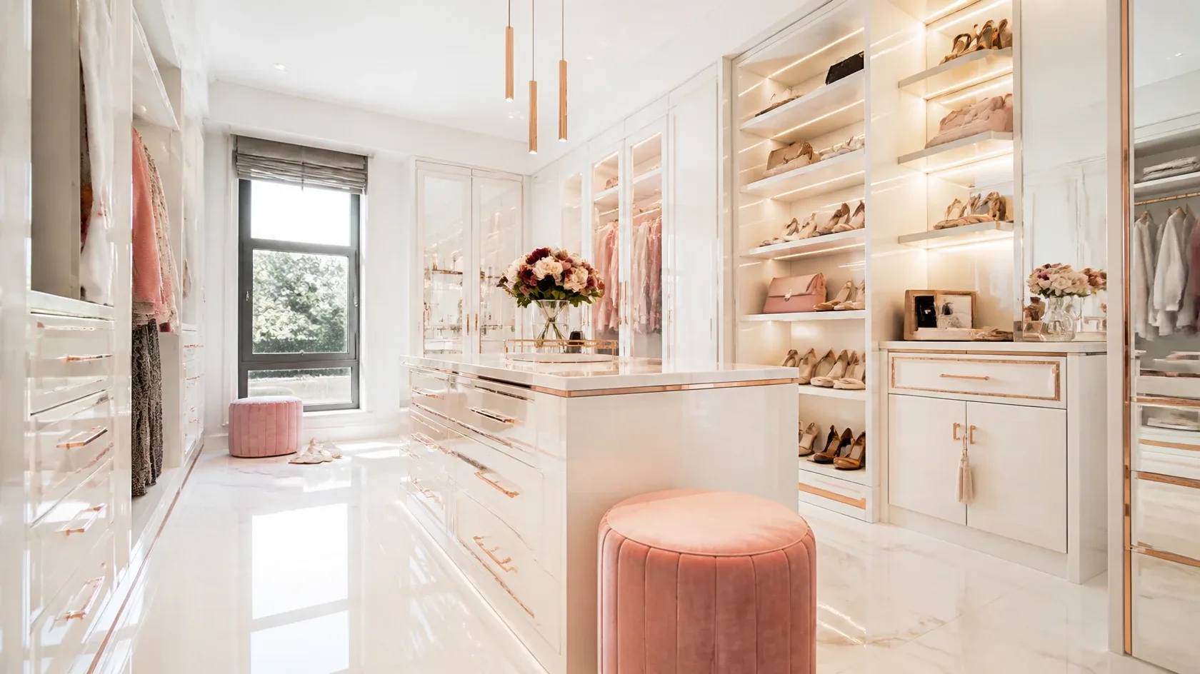 A white walk-in wardrobe with rose gold handles, lit shelves and a blush velvet ottoman