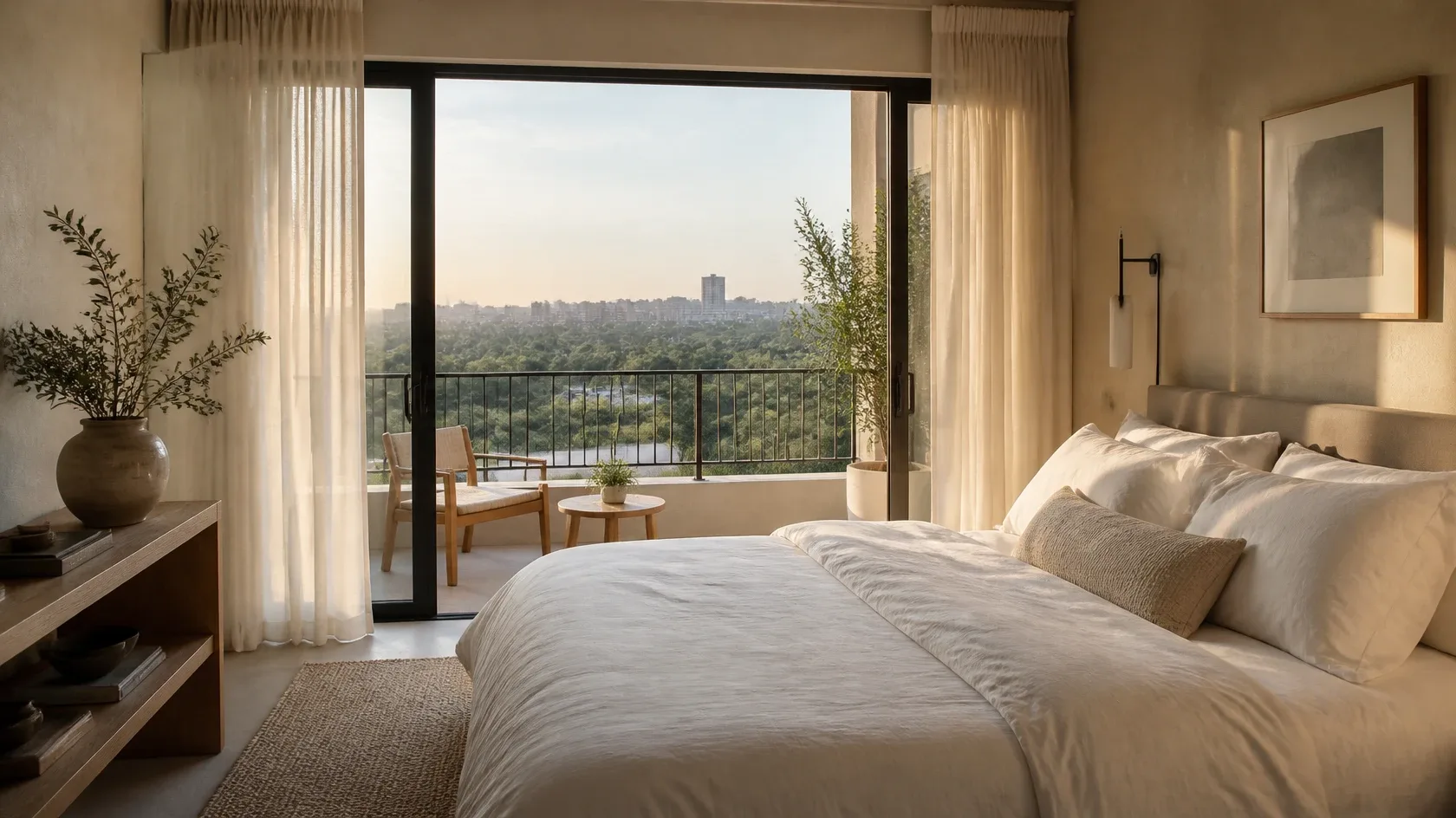 A calm bedroom opening onto a balcony over leafy suburbs at dawn