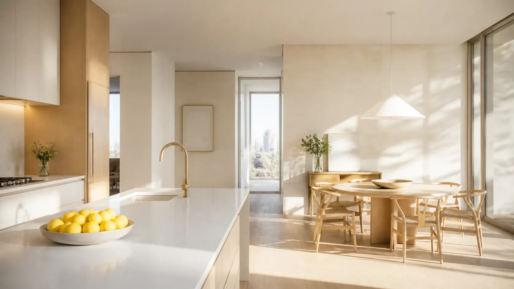 A bright apartment kitchen with white stone counters in morning light