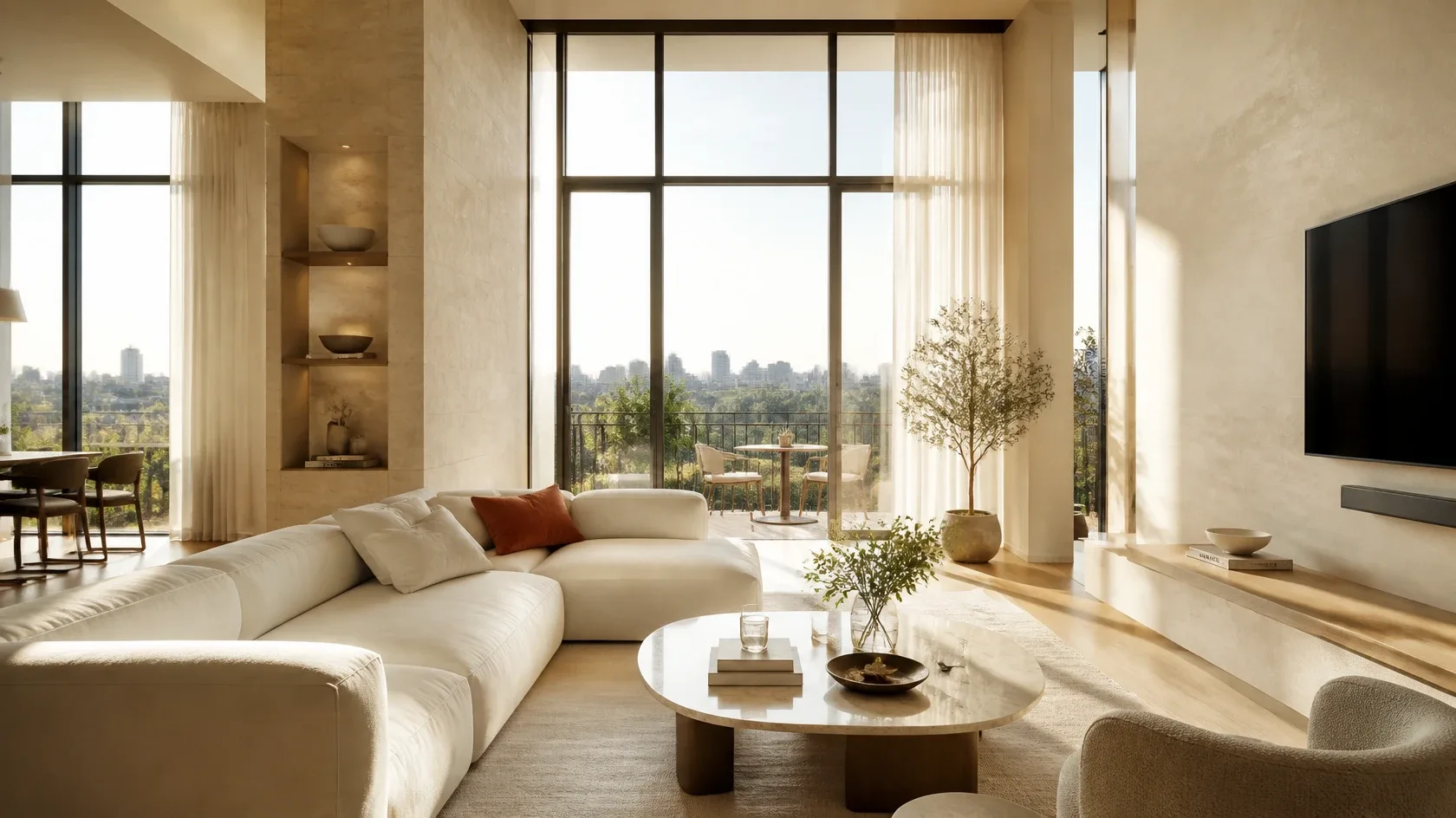 An airy apartment living room with tall windows, limestone walls and a view over the trees