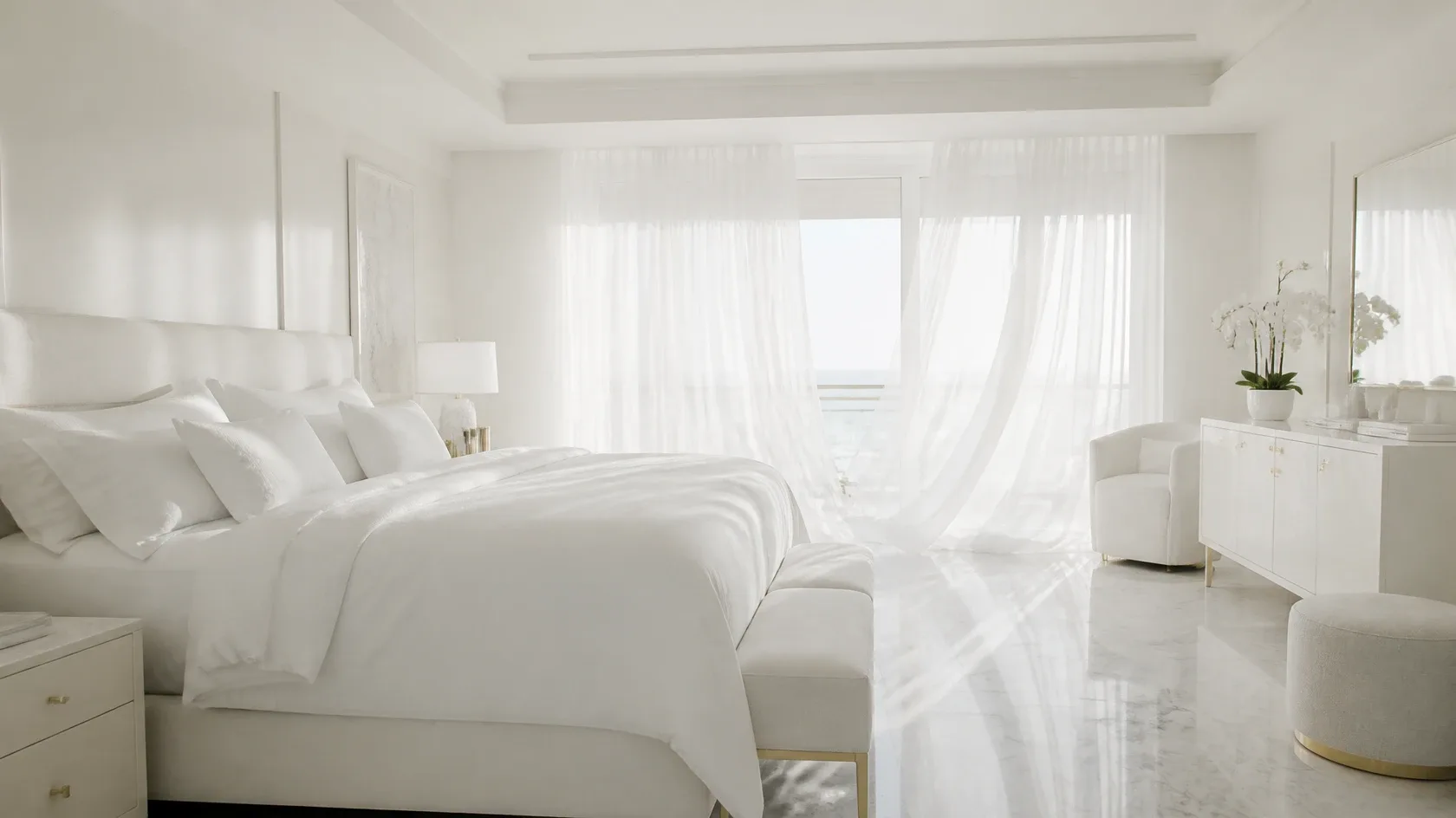 An airy white hotel suite with sheer curtains, a marble floor and soft light