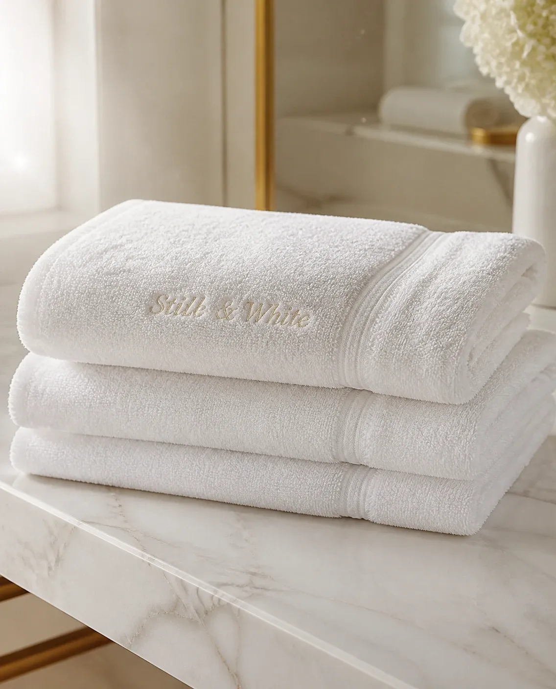 Folded white towels embroidered Still & White, stacked on a marble counter